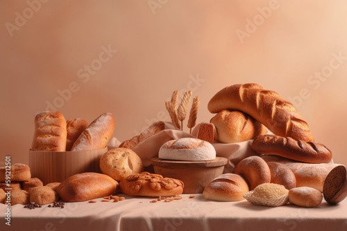 Assorted bakery products, loaves of bread, buns on a light background. ai generative