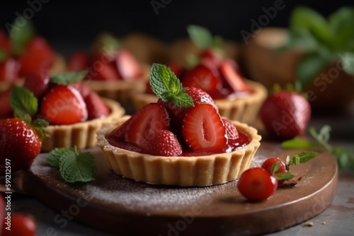 strawberry tartlets garnished with mint leaves. Gourmet desserts prepared with shortbread. lunch at a pastry cafe. ai generative