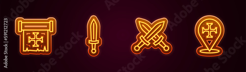 Set line Crusade, Medieval sword, Crossed medieval and . Glowing neon icon. Vector