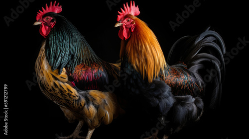 Isolated Colorful Two Roosters On Black Background, Generative Ai © Jaunali
