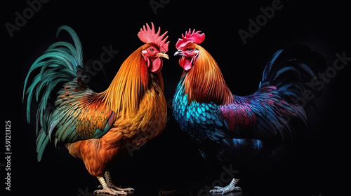 Isolated Colorful Two Roosters On Black Background, Generative Ai