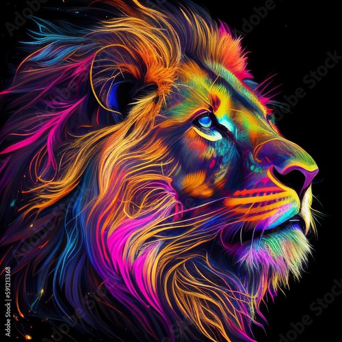 portrait of a lion multi-colored on a dark background Generative AI