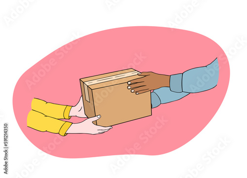 Deliver a parcel. Courier hands delivering package to customer. Receive a package. Hold a box in your hands. Vector illustration. Illustration of hand holding a cardboard.