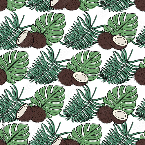Seamless summer pattern with tropical leaves and coconuts in doodle style. Coconut pattern with leaves. Vector image