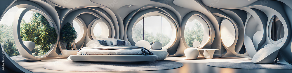 Incredibly beautiful modern bedroom with large glass windows, new technology, and a hint of the future. Generative AI.