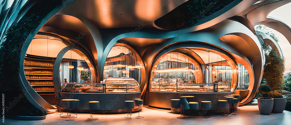 Incredibly beautiful and modern restaurant. Large glass windows, new technologies, and a glimpse of the future. Generative AI.