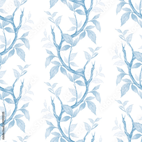 Monochrome seamless pattern of blue leaves and branches.