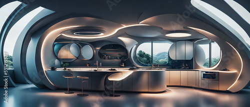 A modern kitchen with large bright windows. Futuristic technology, in the future. Generative AI.
