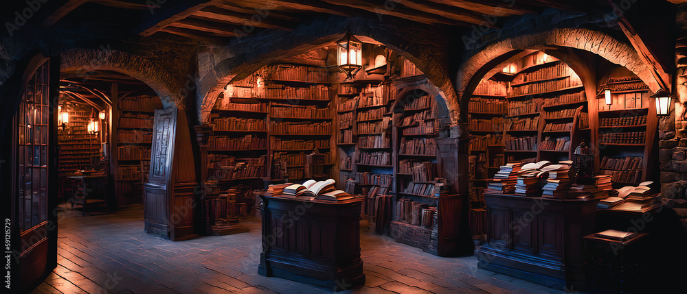 Old library room, dark colors, gloomy atmosphere. Generative AI. Old library room, dark colors, gloomy atmosphere. Generative AI.