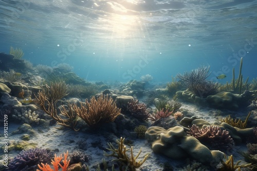 A detailed illustration of a sea or ocean scene with marine life  Generative AI
