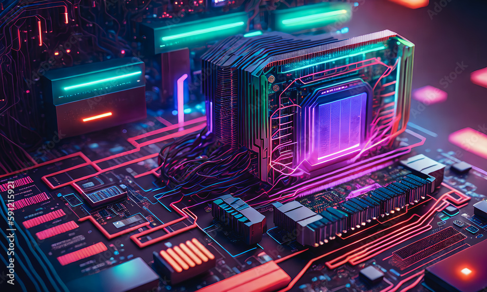 Fototapeta premium Quantum computer, motherboard, quantum processor unit. New technologies, future. Generative AI.