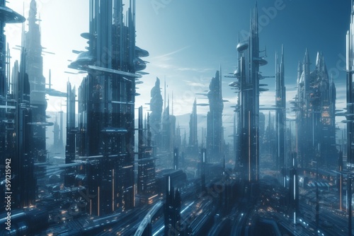 A futuristic cityscape with towering arcologies or vertical cities  Generative AI