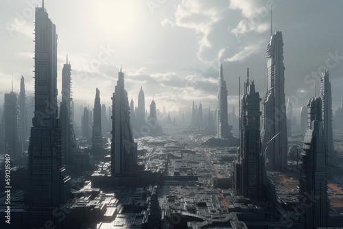 A futuristic cityscape with towering arcologies or vertical cities, Generative AI