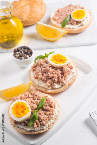 Toast with Canned Tuna. Fish open sandwich with egg and cheese. 