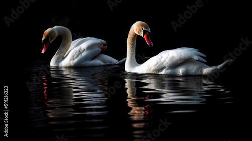 Isolated Colorful Two Swans In Water On Black Background  Generative Ai