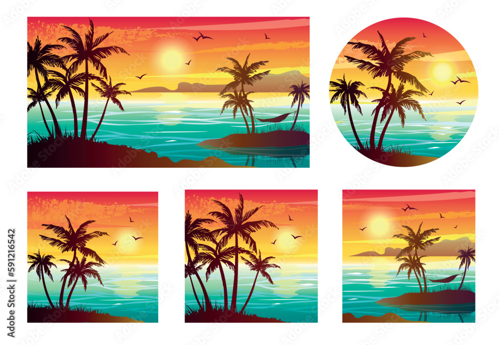 Set of tropical landscapes with sea, sunset and palm trees. Abstract landscape. Tropical paradise island.