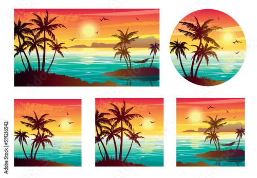 Set of tropical landscapes with sea  sunset and palm trees. Abstract landscape. Tropical paradise island.