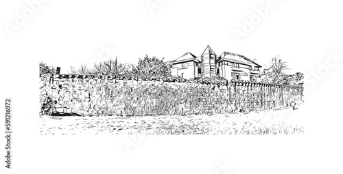 Building view with landmark of Quimper is the commune in France. Hand drawn sketch illustration in vector.