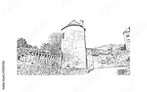 Building view with landmark of Quimper is the commune in France. Hand drawn sketch illustration in vector.