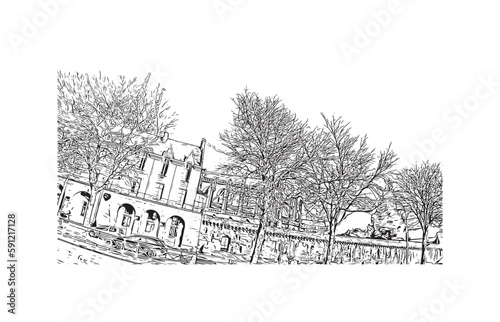 Building view with landmark of Quimper is the commune in France. Hand drawn sketch illustration in vector.