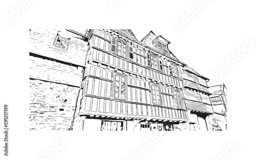 Building view with landmark of Quimper is the commune in France. Hand drawn sketch illustration in vector.