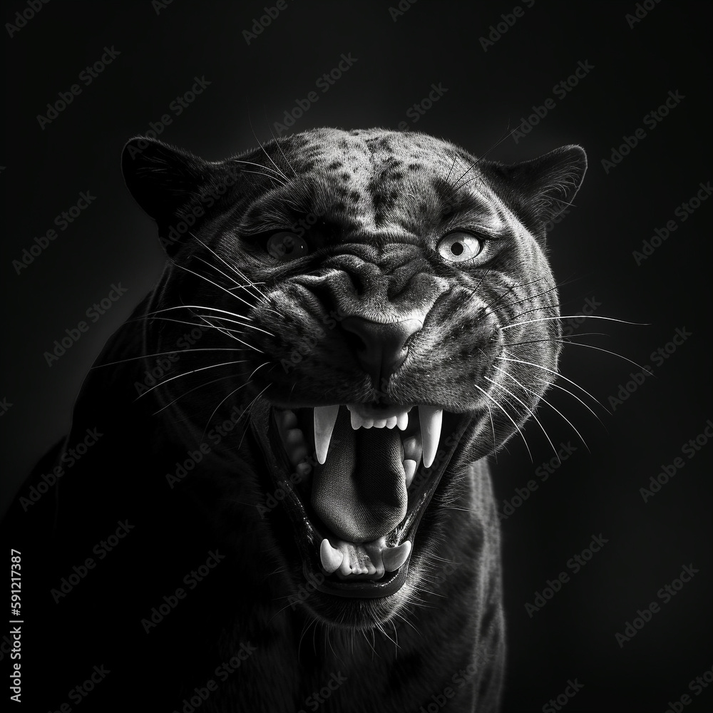 Obraz premium Front view of Panther on black background. Wild animals banner with copy space. Predator series walking out of the dark into the light