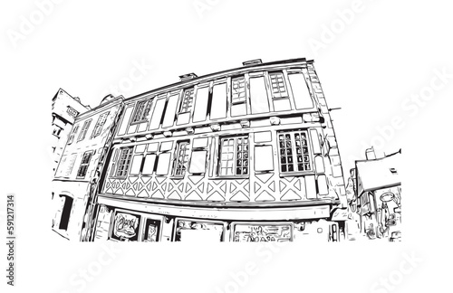 Building view with landmark of Quimper is the commune in France. Hand drawn sketch illustration in vector.