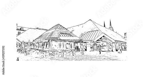 Building view with landmark of Quimper is the commune in France. Hand drawn sketch illustration in vector.