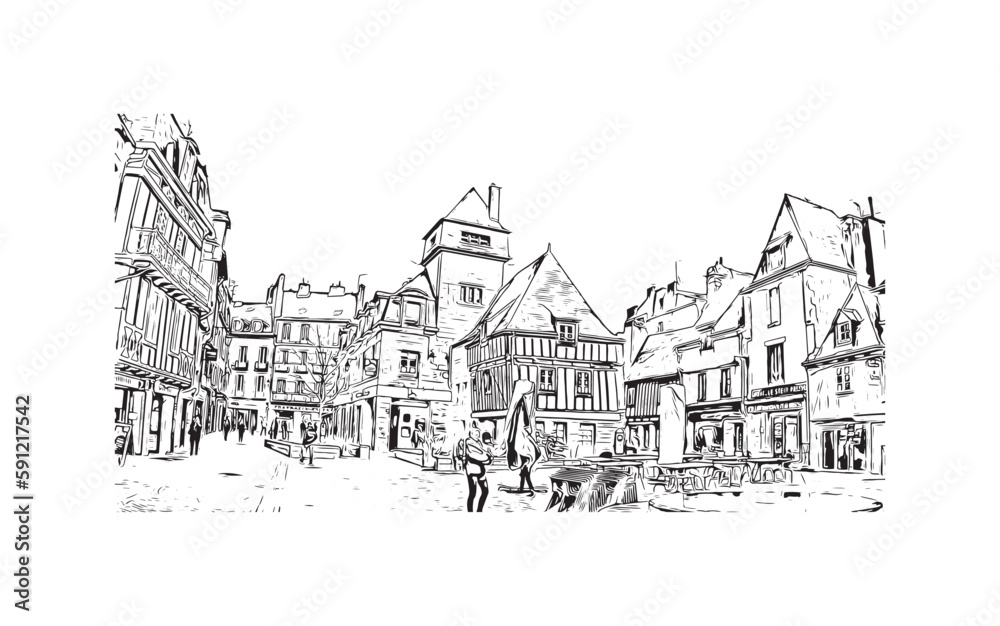 Building view with landmark of Quimper is the commune in France. Hand drawn sketch illustration in vector.