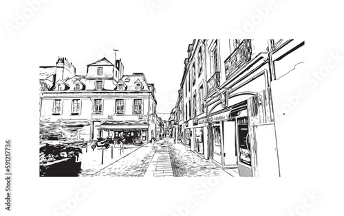 Building view with landmark of Quimper is the commune in France. Hand drawn sketch illustration in vector.