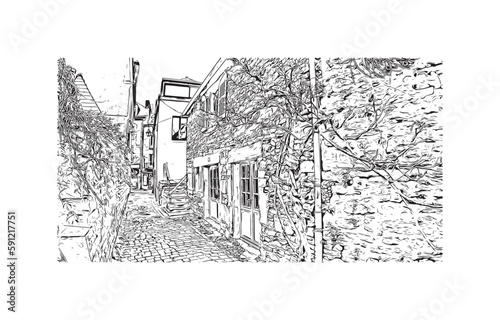 Building view with landmark of Quimper is the commune in France. Hand drawn sketch illustration in vector.