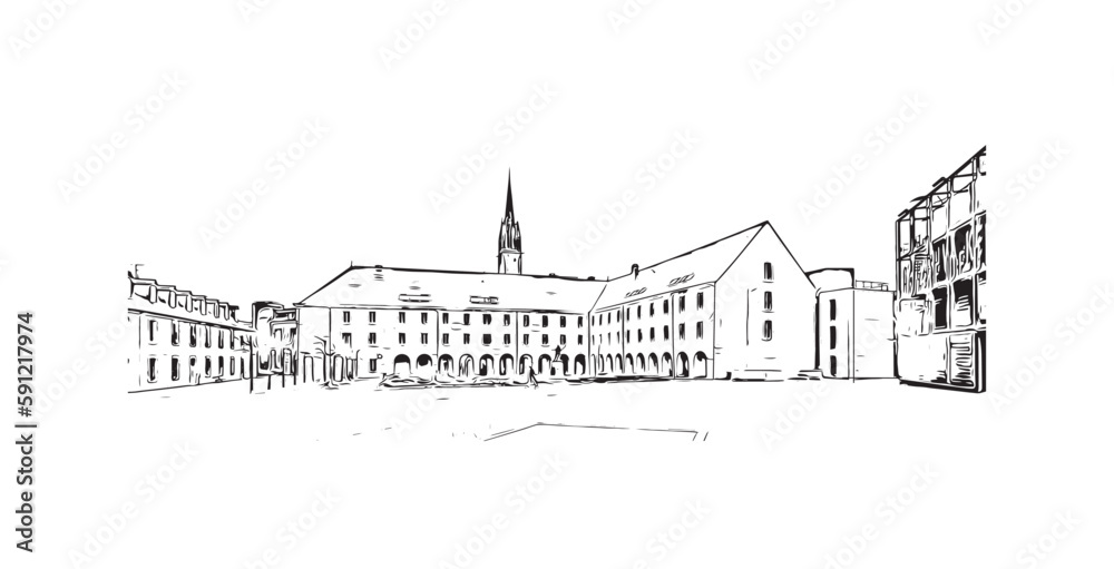 Building view with landmark of Quimper is the commune in France. Hand drawn sketch illustration in vector.