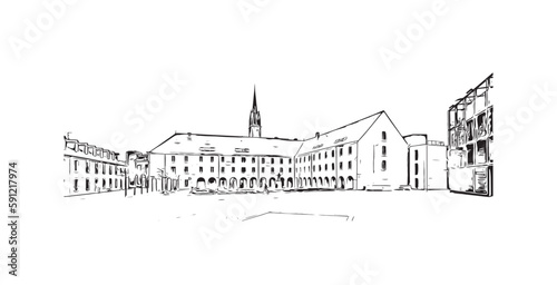 Building view with landmark of Quimper is the commune in France. Hand drawn sketch illustration in vector.