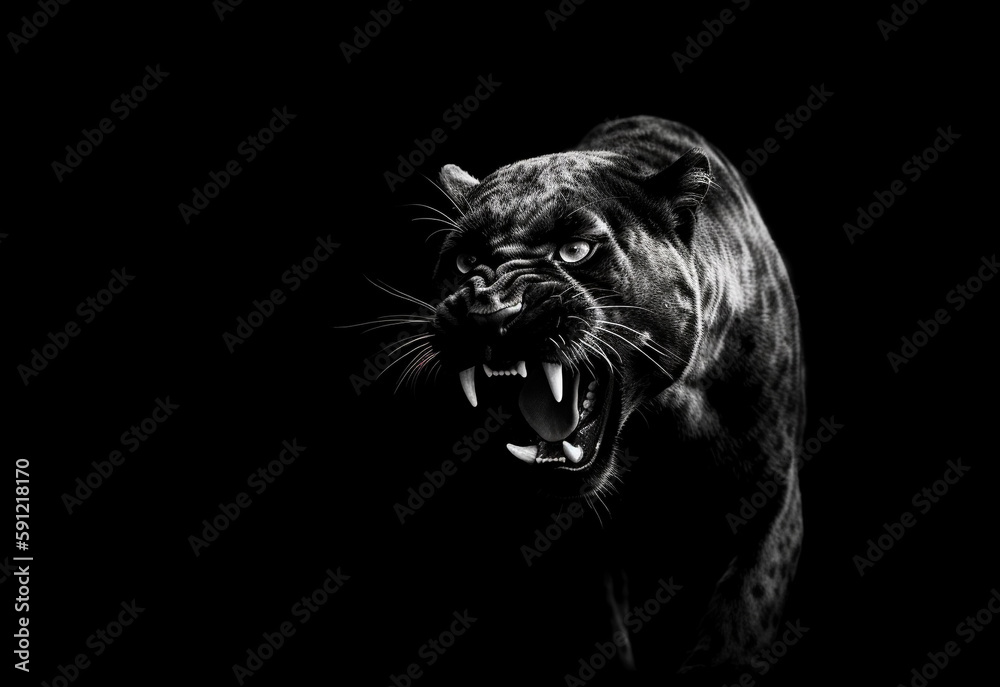 Front view of Panther on black background. Wild animals banner with copy space. Predator series walking out of the dark into the light
