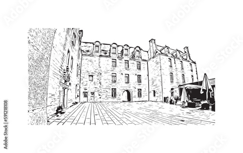 Building view with landmark of Quimper is the commune in France. Hand drawn sketch illustration in vector.