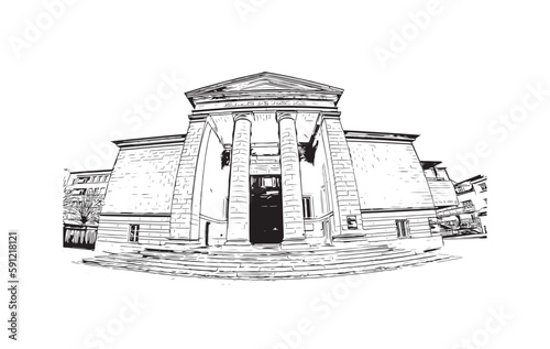 Building view with landmark of Quimper is the commune in France. Hand drawn sketch illustration in vector.