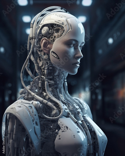 Weiblicher Cyborg, Robotikapparat-Exoskelett-Innendetails, geringe Schärfentiefe, komplexes kybernetisches Cyberpunk-System © Lea