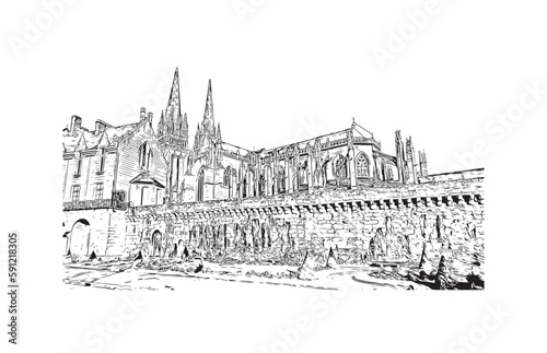 Building view with landmark of Quimper is the commune in France. Hand drawn sketch illustration in vector.