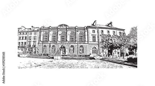 Building view with landmark of Quimper is the commune in France. Hand drawn sketch illustration in vector.