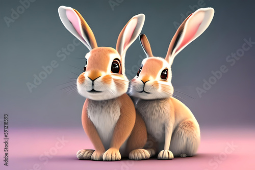 easter bunny rabbit   A Cute adorable baby Rabbi or hare character stands in a light room with a pastel gradient background in the style of children-friendly cartoon animation fantasy, AI © aqib