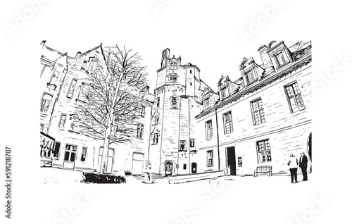 Building view with landmark of Quimper is the commune in France. Hand drawn sketch illustration in vector.