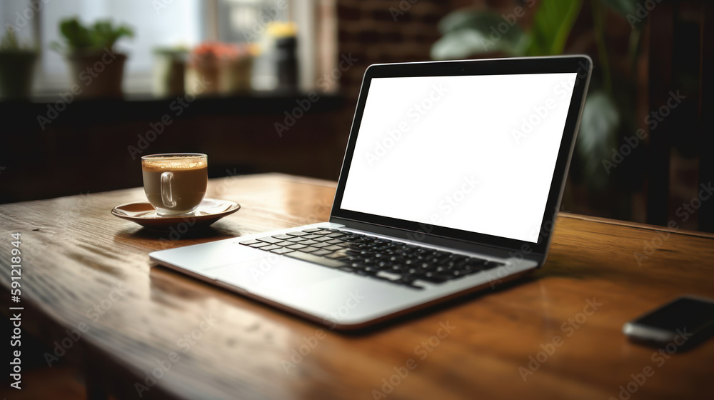 Fototapeta premium working office desk with blank screen laptop, generative ai