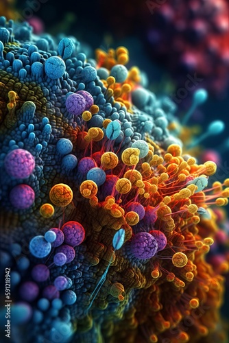 3d render of DNA molecule  microscopic colourful  bacteria under microscope