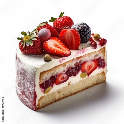 strawberry cake and cream isolated on white, generative ai