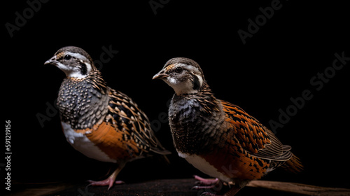 Isolated Colorful Two Common Quails On Black Background, Generative Ai