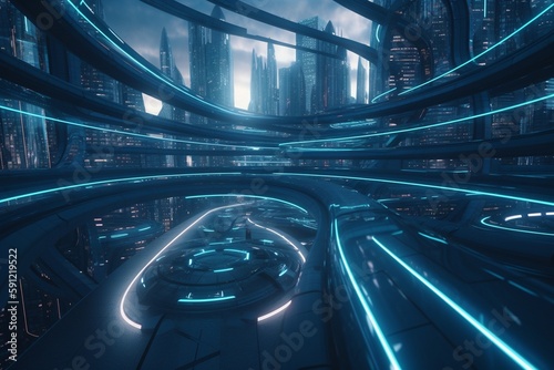 A futuristic cityscape with advanced transportation systems  such as hyperloops or flying cars  Generative AI