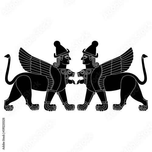 Symmetrical ethnic design with two fantastic sphynxes. Winged lions with human heads. Ancient Syrian design from Karkemish. Mesopotamian mythology. Black and white silhouette.