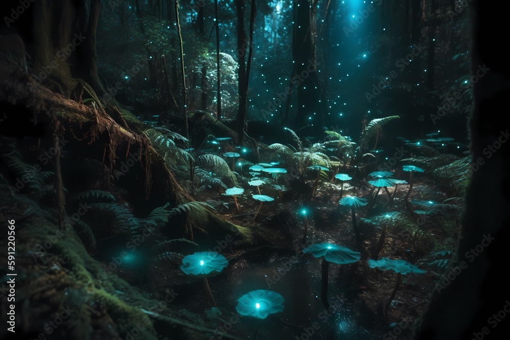 A magical forest filled with bioluminescent light plants and creatures ...