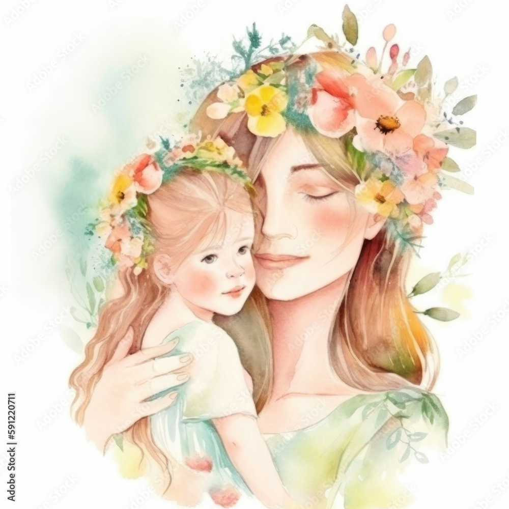 Fototapeta premium Happy mother's day greeting watercolor card. Generative AI.