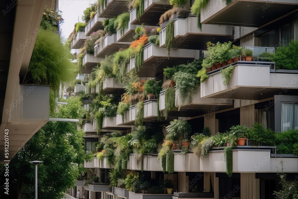 Fototapeta premium ecological city covered with plants and greenery, generative ai